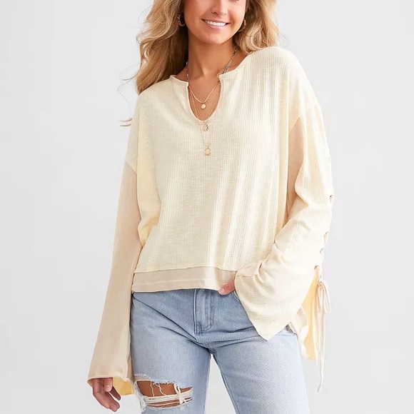 Buckle POL Pieced Top Size M Lace-Up Bell Sleeves Cream Beige Raw Edge Boho - Picture 2 of 13